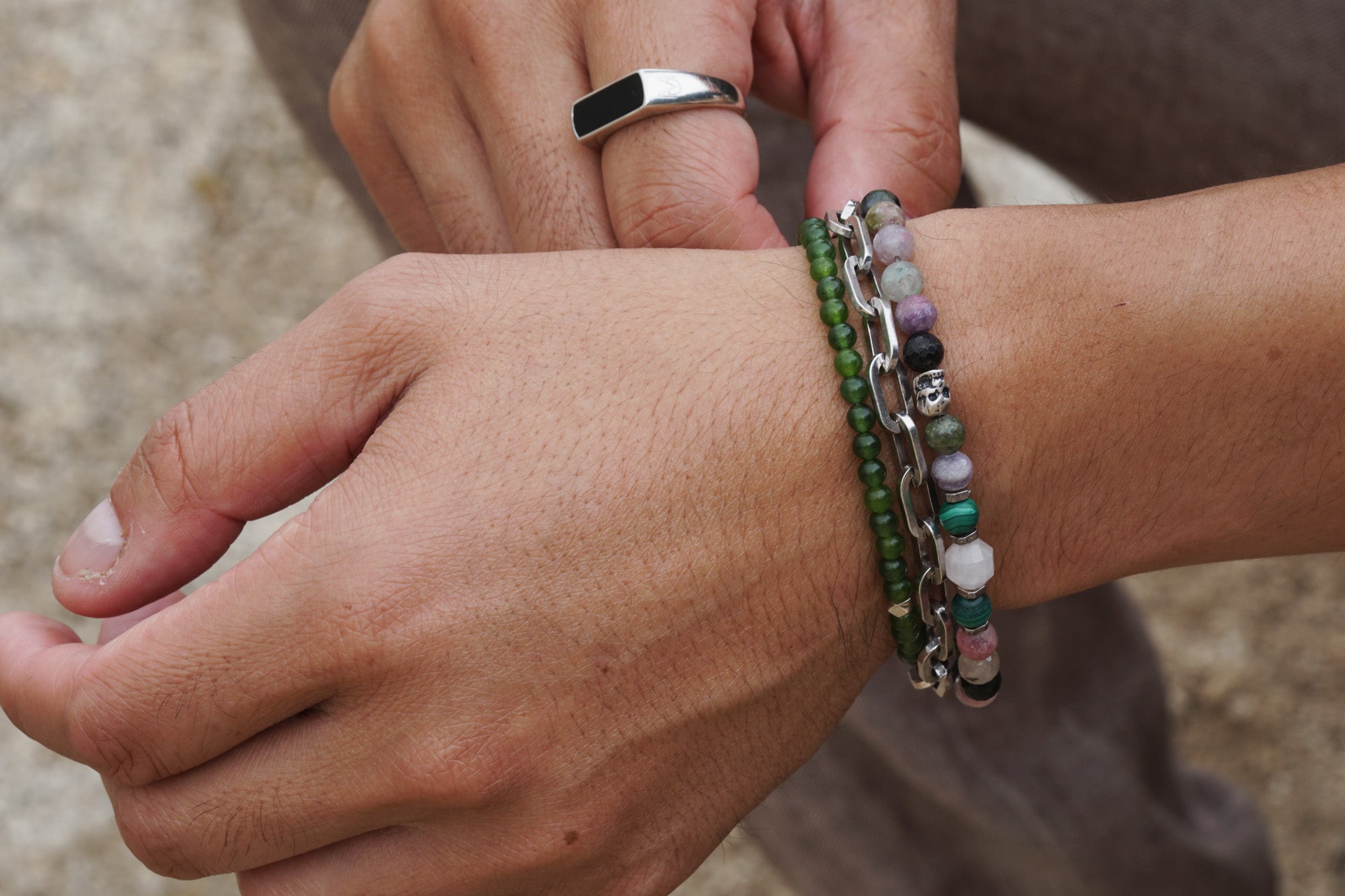 Edge of Love Bracelet | Tourmaline, Malachite, Rose Quartz & Skull