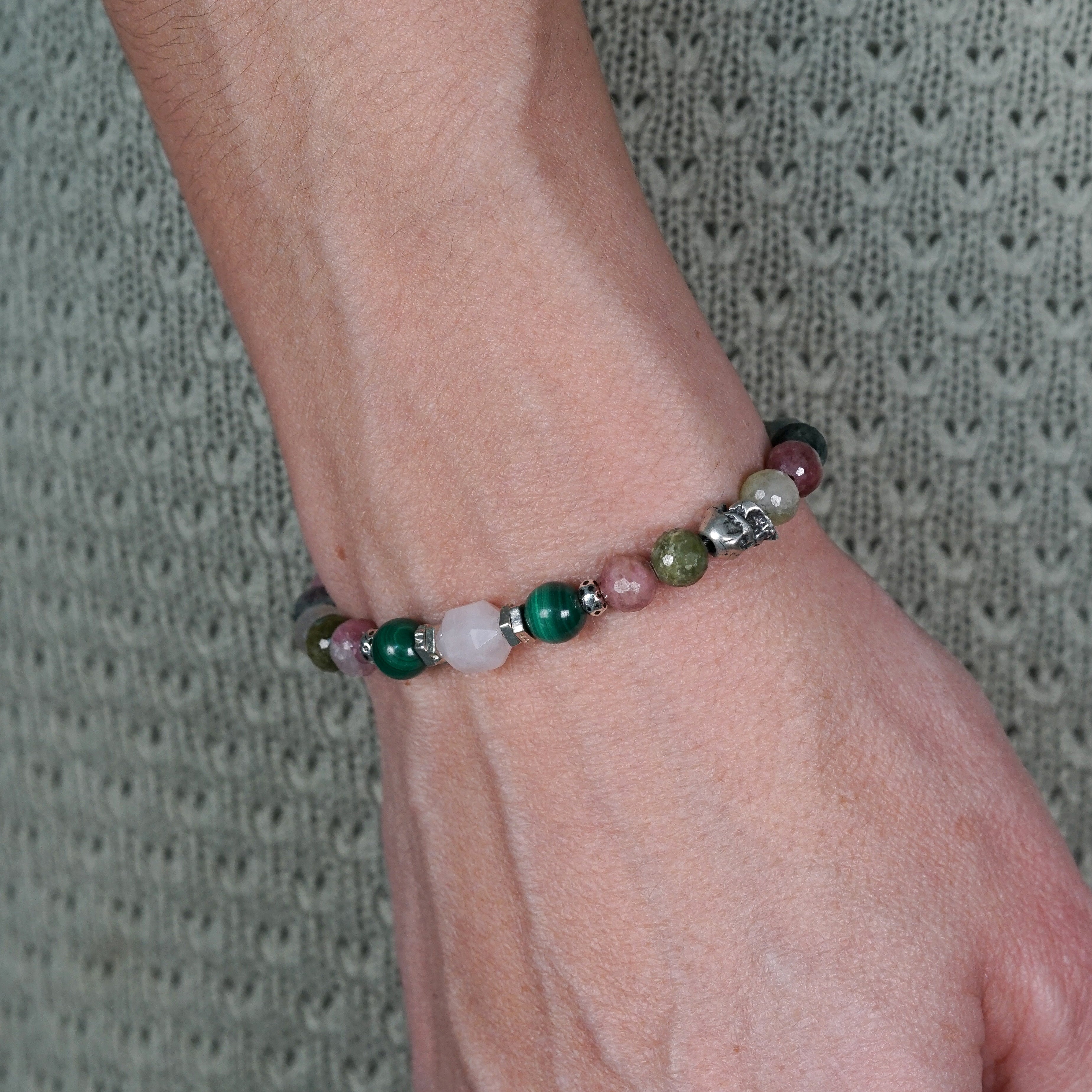 Edge of Love Bracelet | Tourmaline, Malachite, Rose Quartz & Skull