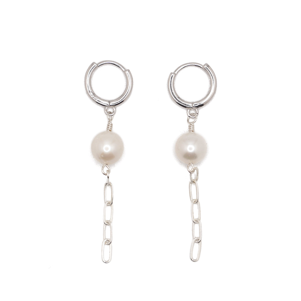 Drop Link Pearl Huggies | Sterling Silver