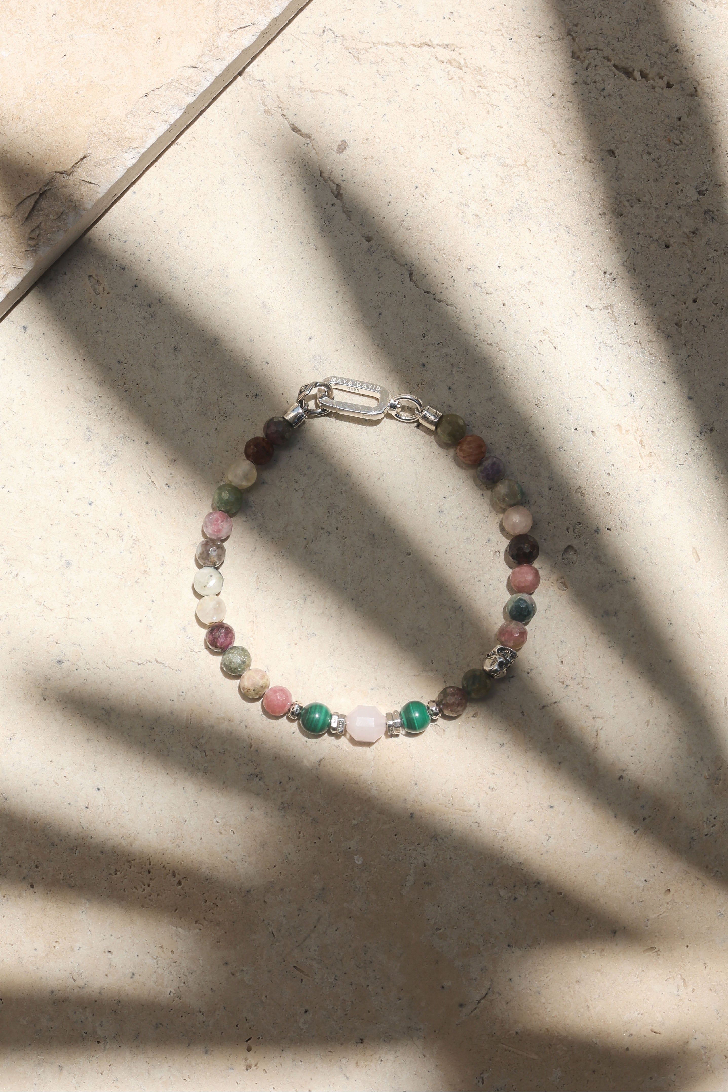 Edge of Love Bracelet | Tourmaline, Malachite, Rose Quartz & Skull