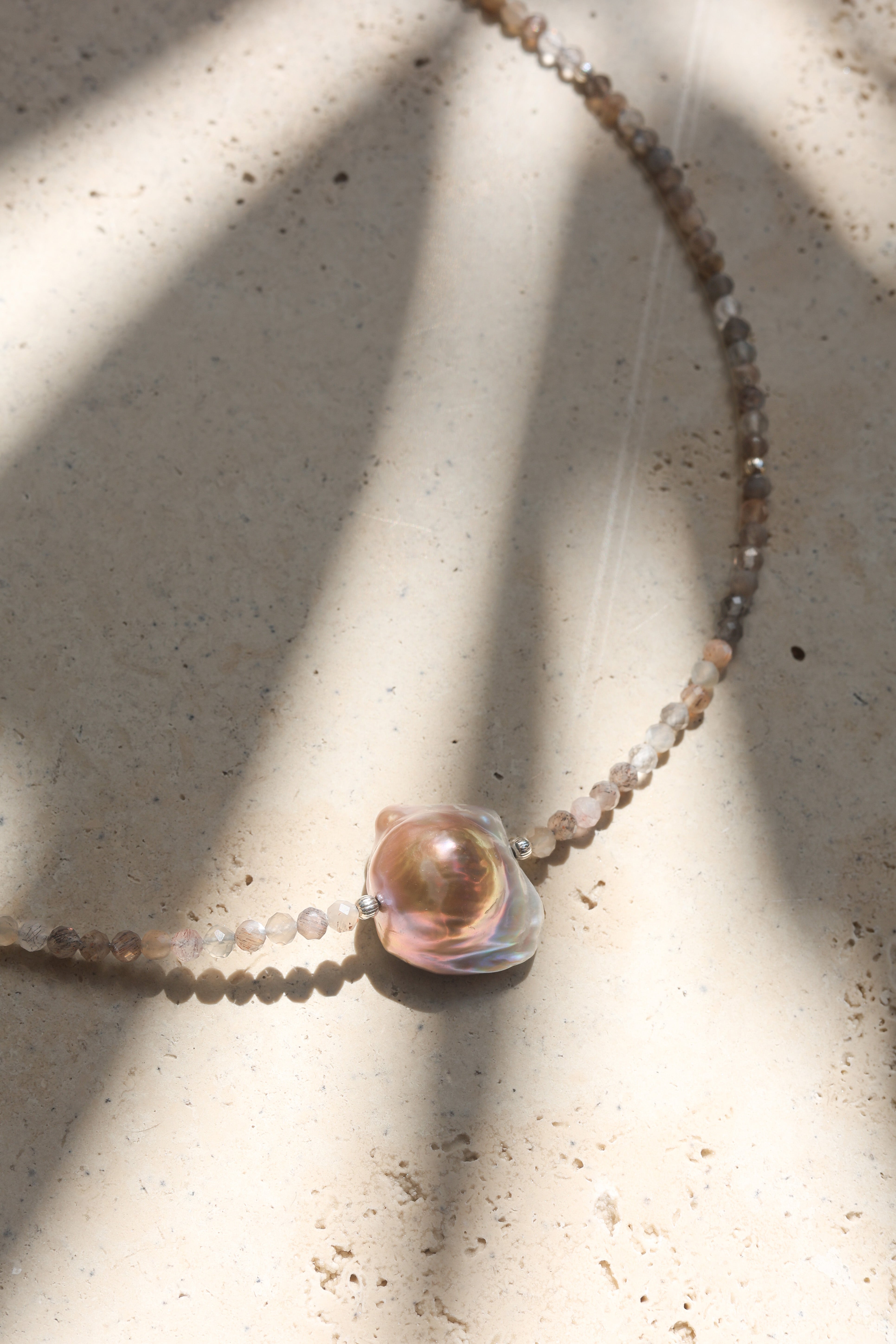 Sundrift Necklace | Sunstone, Baroque Pearl & Sterling Silver