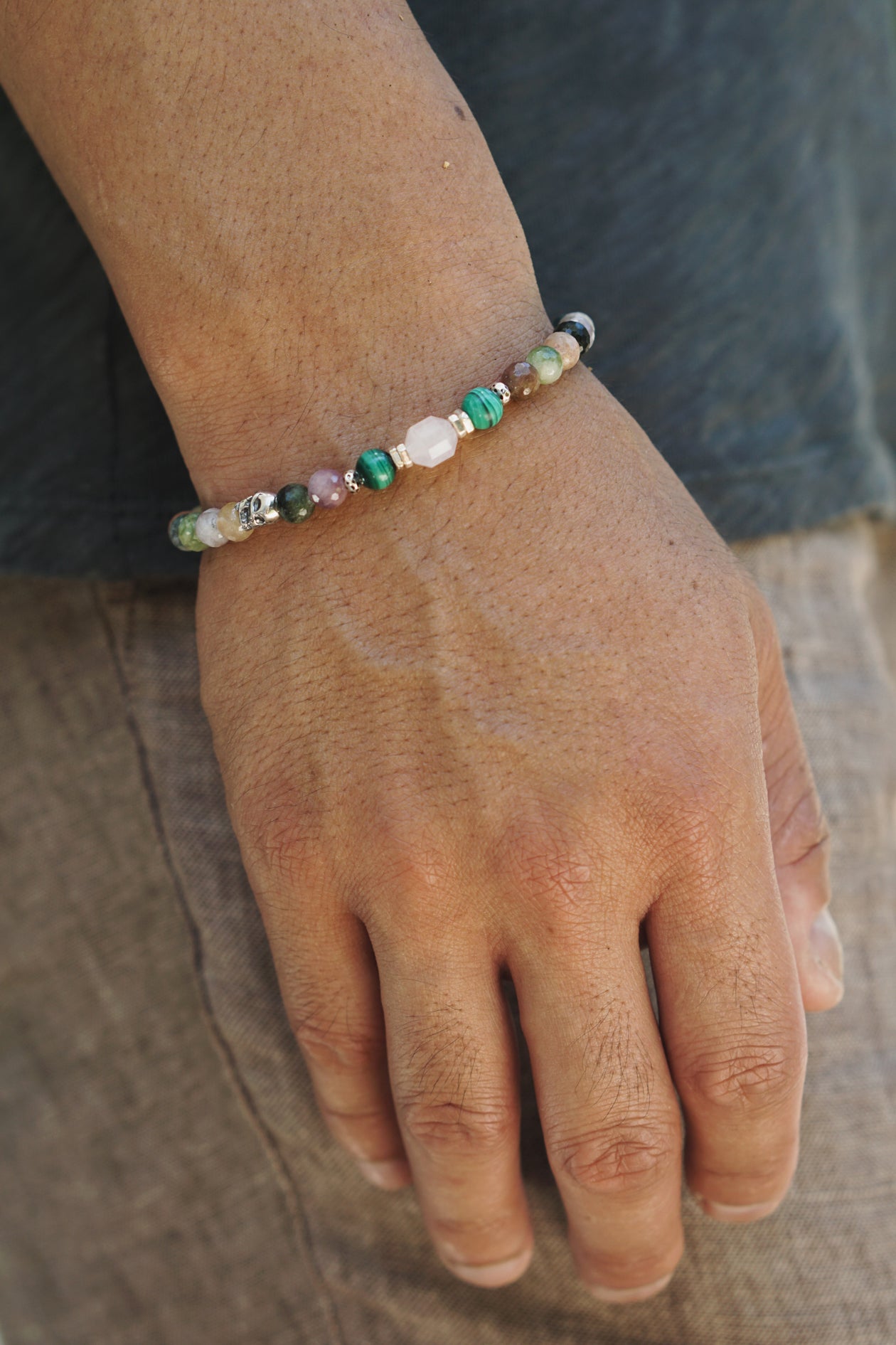 Edge of Love Bracelet | Tourmaline, Rose Quartz & Skull