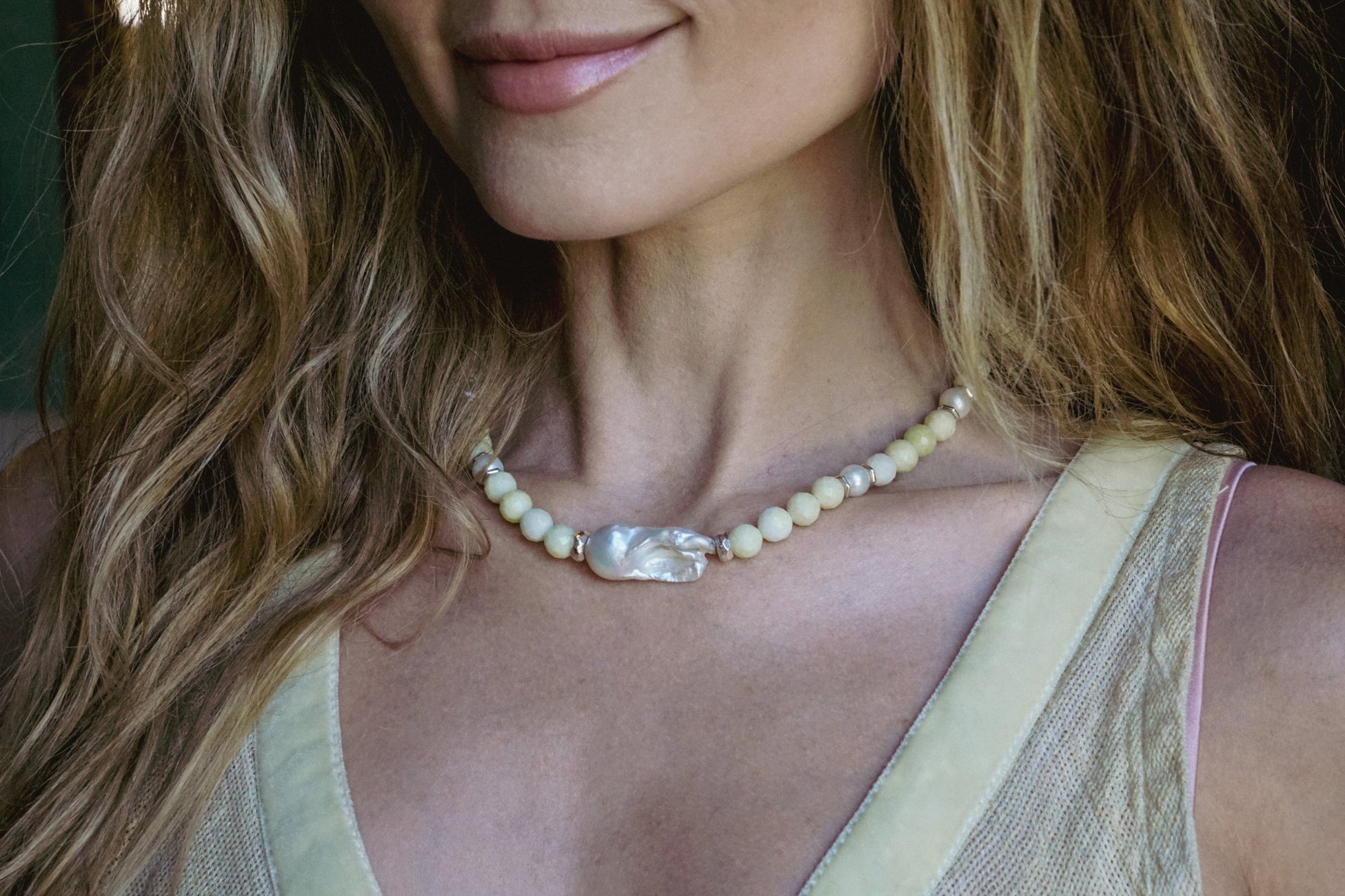 Formentera Necklace | Pineapple Jade, Pearls & Sterling Silver