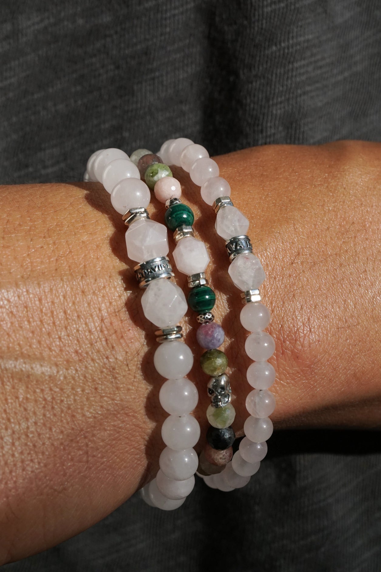 Tourmaline, Rose Quartz & Skull | Sterling Silver | 6mm