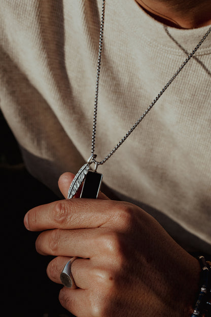 Onyx & Feather Necklace | Sterling Silver