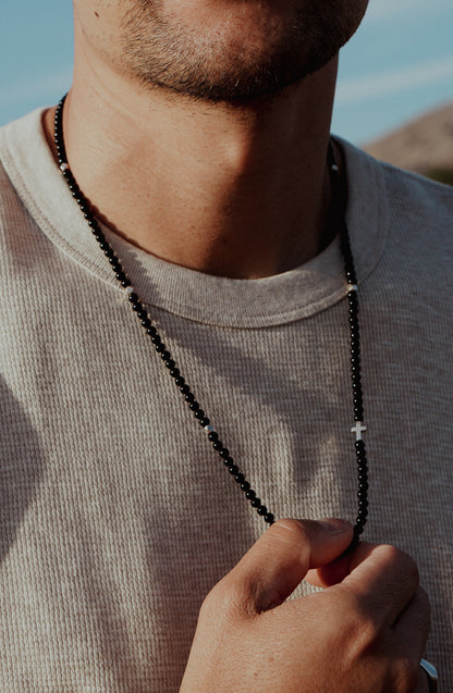 Black Onyx & Cross Necklace | Sterling Silver