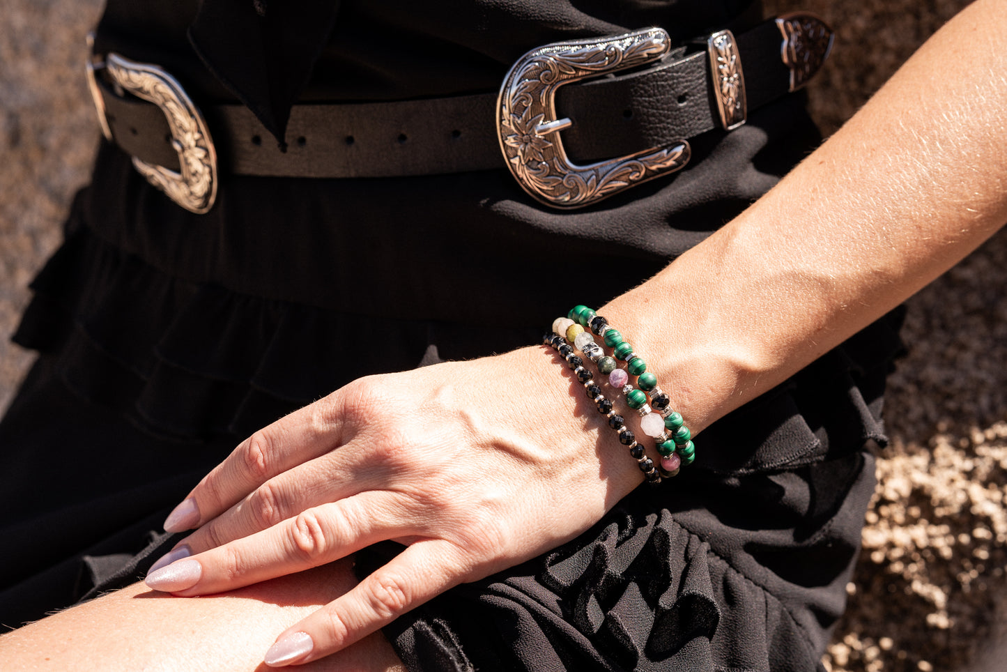 Tourmaline, Rose Quartz & Skull | Sterling Silver | 6mm